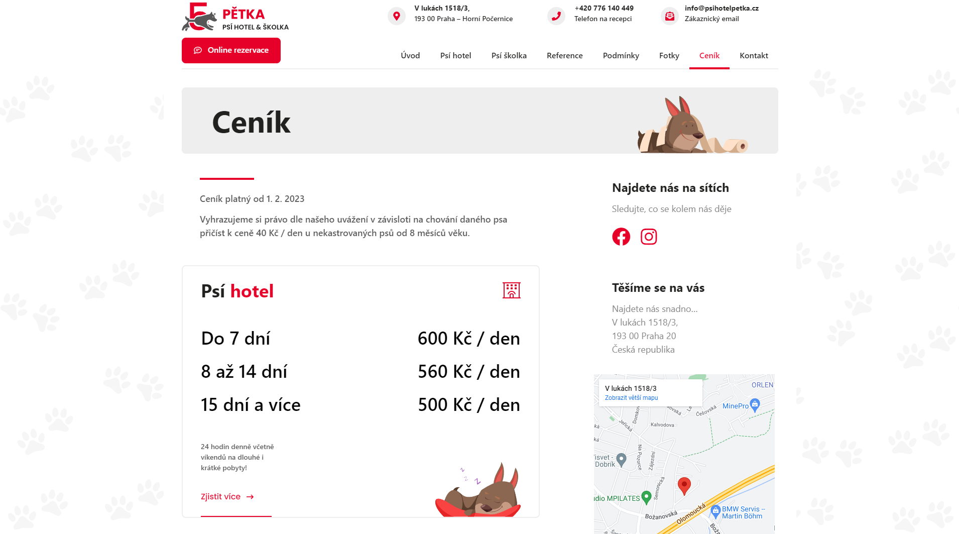 Screenshot z webu Psí hotel Pětka