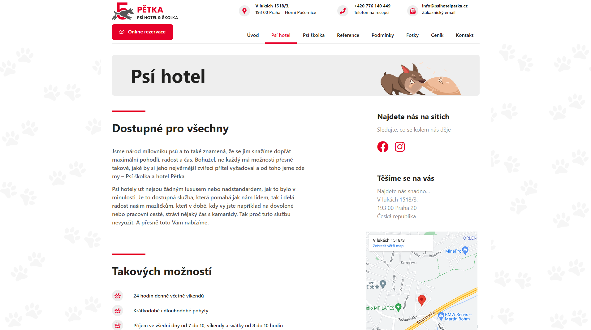 Screenshot z webu Psí hotel Pětka