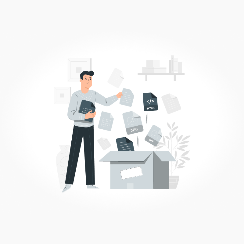 Člověk stojící vedle krabice, ze které vypadávají papíry