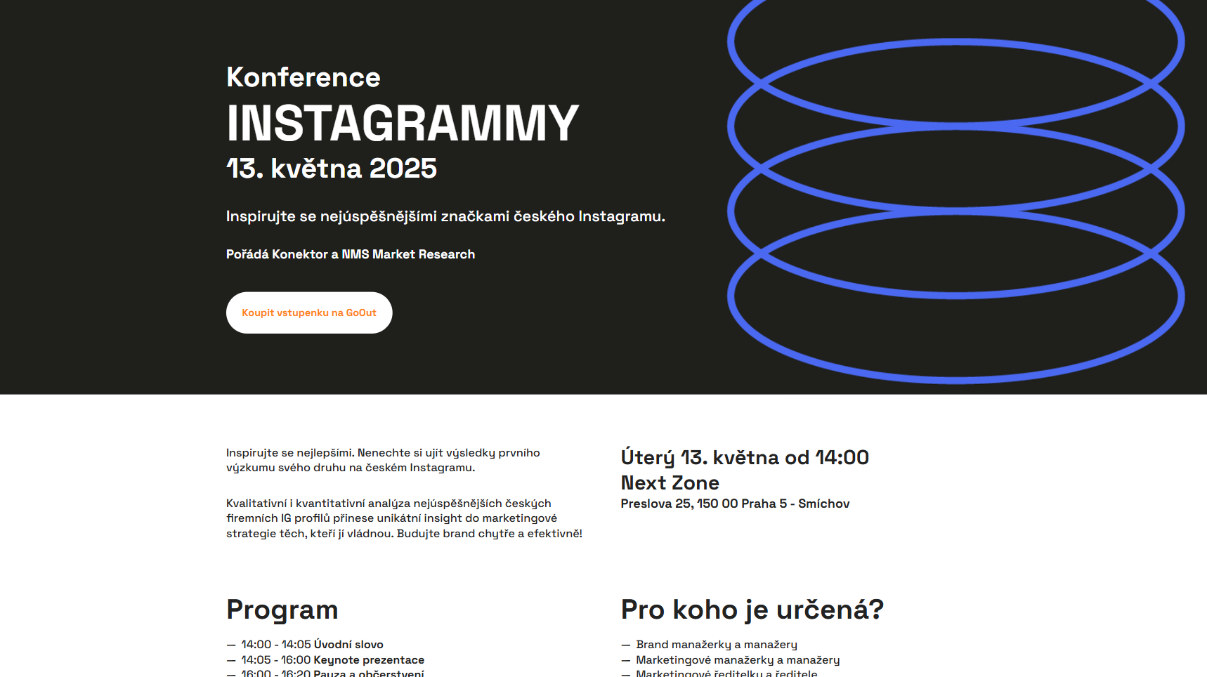 černobílý web s modrými čarami a textem