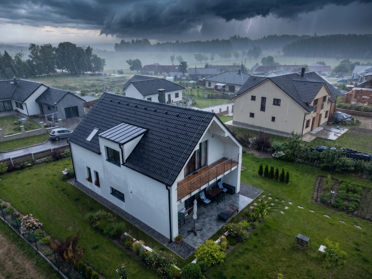 skupina domů s trávníkem a stromy v pozadí